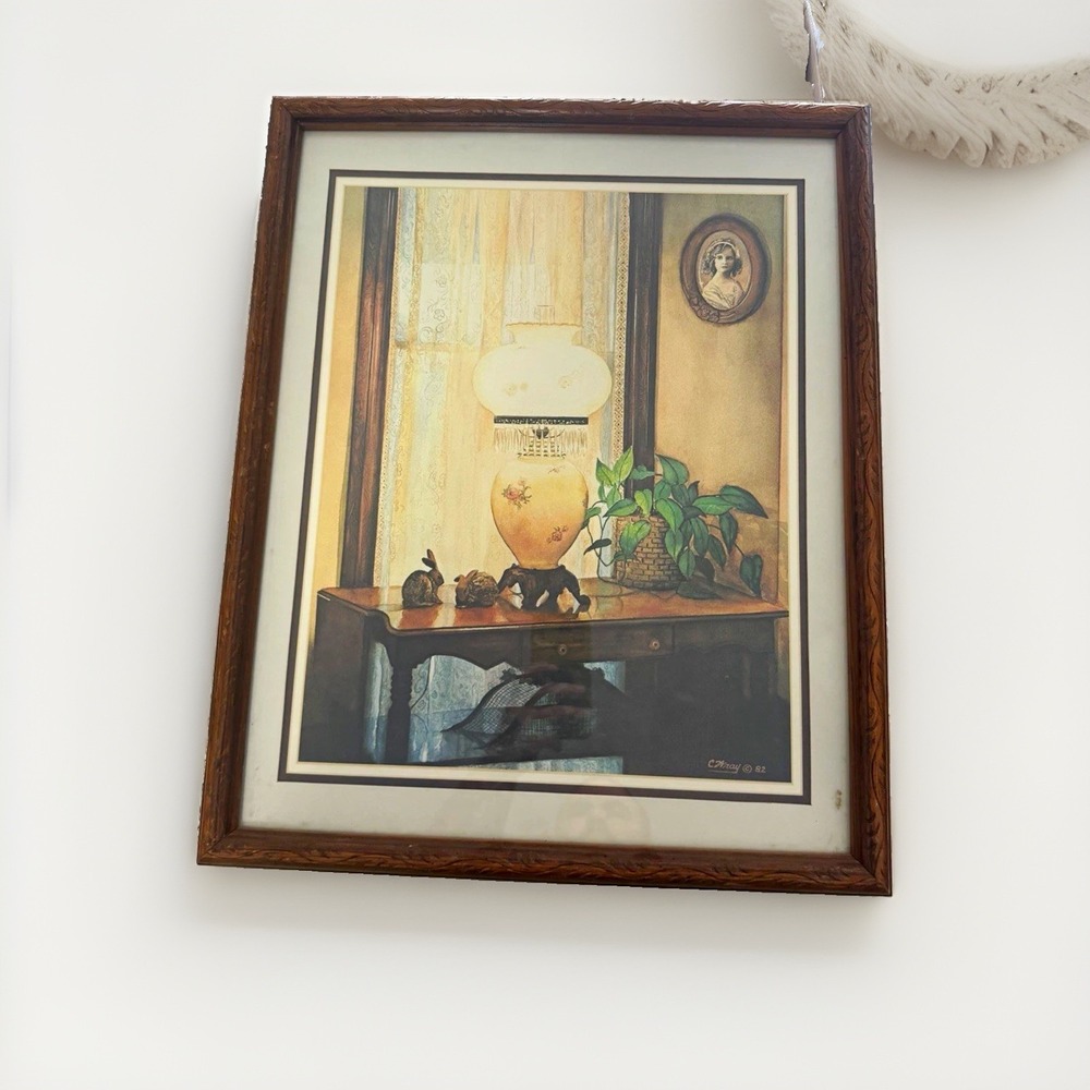 Vintage Framed Country Cottage Interior Print Lamp Plant Portrait Wall Art 18x22
